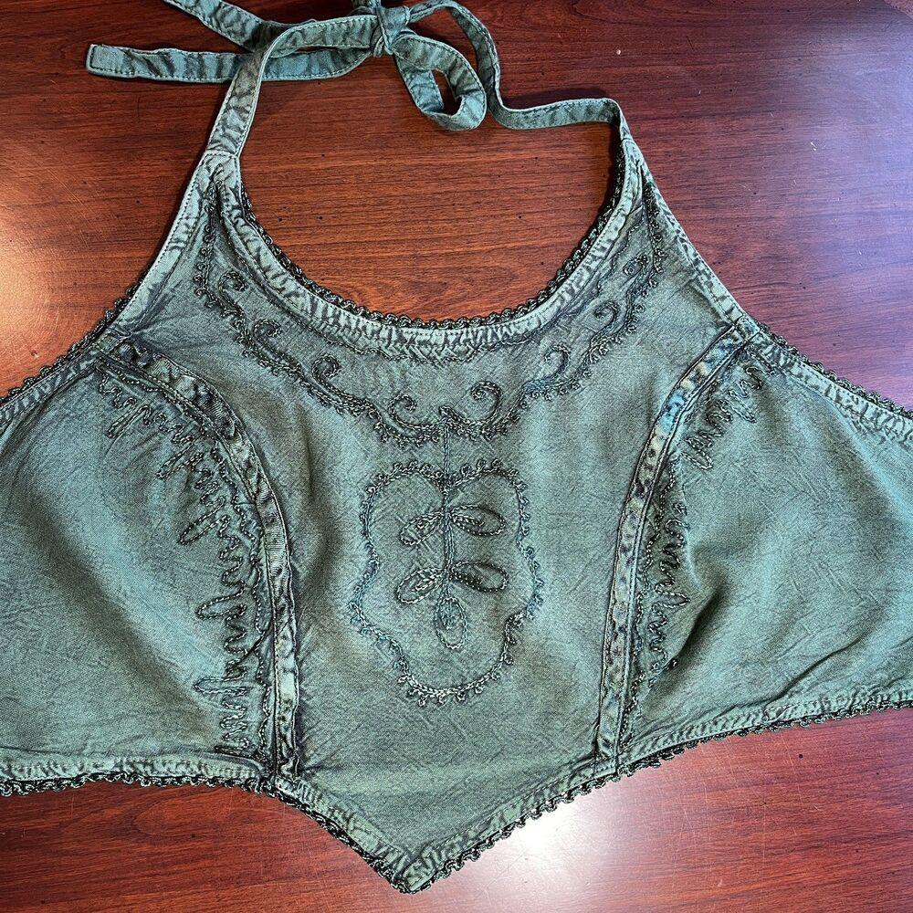 Tie back Halter crop Top Embroidered Pointed Hemline Boho Festival One size